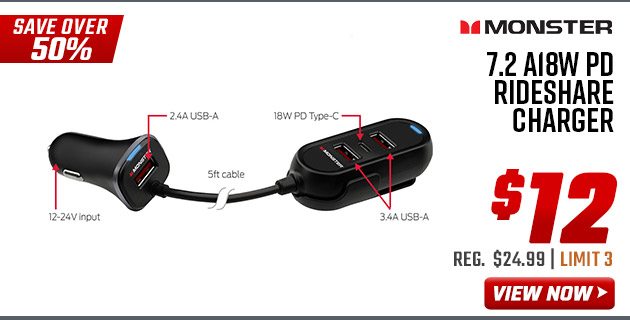 Monster 7.2 A18W PD Rideshare Charger
