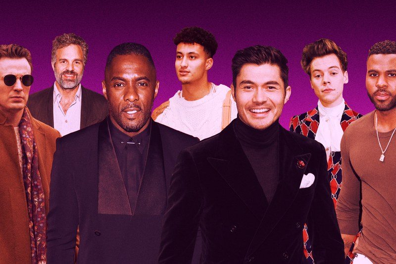 Collage of Chris Evans, Mark Ruffalo, Idris Elba, Kyle Kuzma, Henry Golding, Harry Styles, and Jason Derulo on a purple background