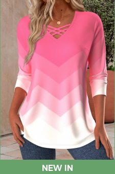 ROTITA Criss Cross Ombre Pink V Neck T Shirt