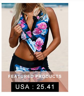 Flower Print Zipper Front Swimwear Top and Shorts