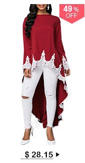 Dip Hem Lace Patchwork Burgundy Blouse