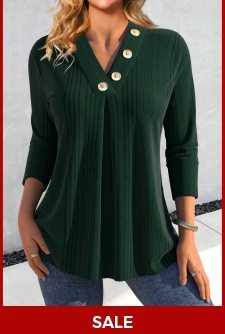 ROTITA Button Blackish Green V Neck Long Sleeve T Shirt