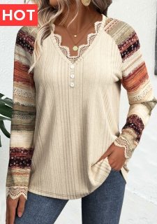 Beige Embroidery Striped Long Sleeve V Neck T Shirt