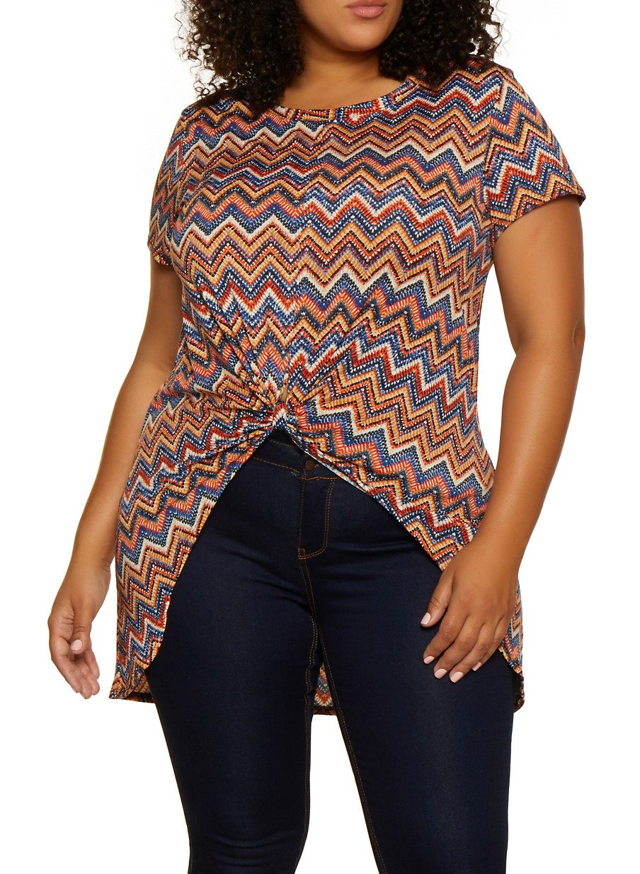 Plus Size Chevron Knot Front High Low Top