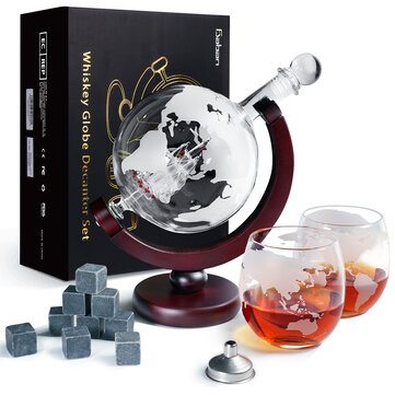 850ml Whiskey Glass Decanter Set Spherical Whisky Carafe Globe Sailing Ship with Ice Stone for Men and Women