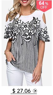 Cold Shoulder Flower Print Striped Blouse