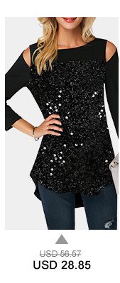 Black Curved Hem Sequin Embellished Cold Shoulder T Shirt