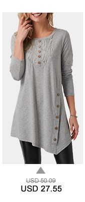 Roung Neck Button Embellished Asymmetric Hem T Shirt