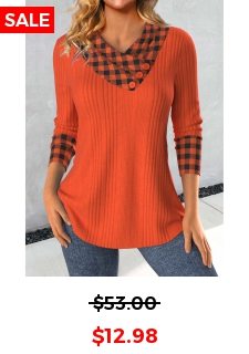 ROTITA Patchwork Plaid Brick Red Asymmetrical Neck Sweatshirt