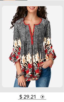 Printed Button Up Pleated Three Quarter Sleeve Blouse