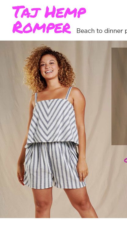 Shop the Taj Hemp Romper - Navy Stripe - Beach to dinner playsuit