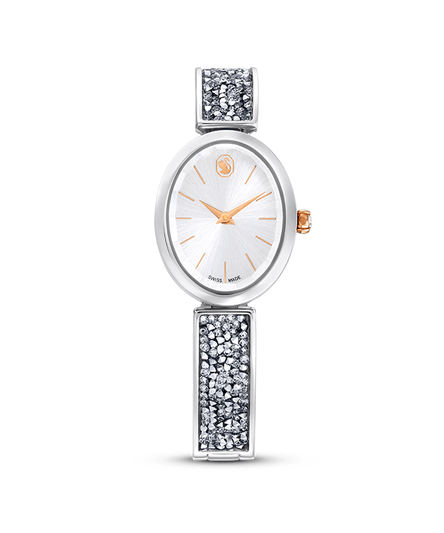 Crystal Rock Oval watch Swiss Made, Metal bracelet, White, Stainless steel