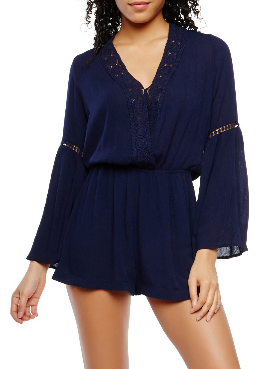 Gauze Knit Crochet Insert Bell Sleeve Romper