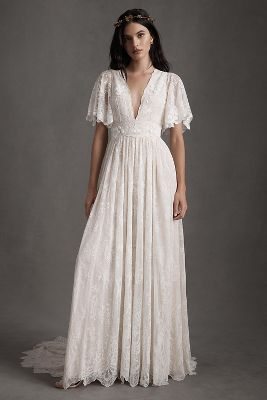 BHLDN Katarina Butterfly-Sleeve V-Neck Empire Embroidered Wedding Gown?