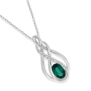 Lab-Created Oval-Cut Emerald & White Lab-Created Sapphire Necklace Sterling Silver 18''