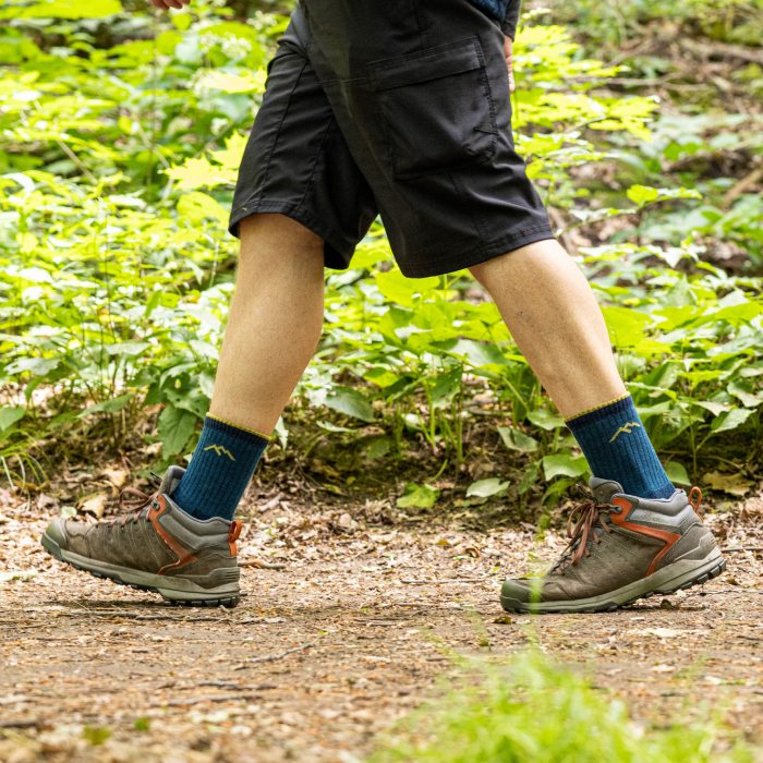 Pair of feet in new, blue Darn Tough socks, walking down the trail