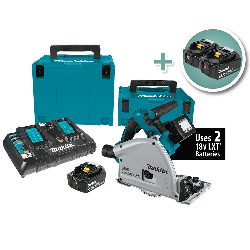 Makita 18V X2 Brushless Cordless 6-1/2'' Plunge-Cut Circular Saw Kit with Additional 2-Pack of 5.0Ah Batteries (4 Total)