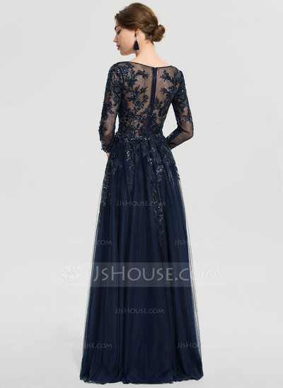 A-Line V-neck Floor-Length Tulle Evening Dress With Sequins ...