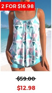 Geometric Print Light Blue Bowknot Tankini Set