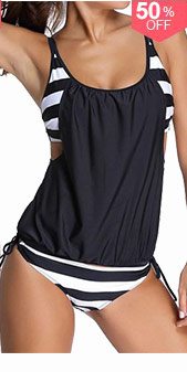 Stripe Print Black Spaghetti Strap Tankini Swimwear