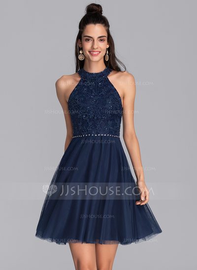 A-Line Scoop Neck Short/Mini Tulle Homecoming Dress With Bea...