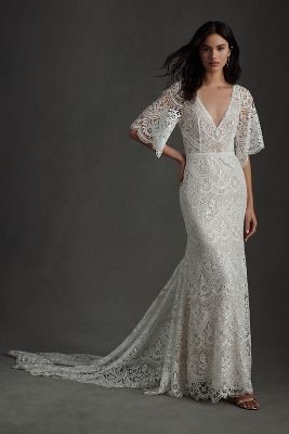 Rish Haleh Flutter-Sleeve Allover Lace V-Neck Fit & Flare Wedding Gown?