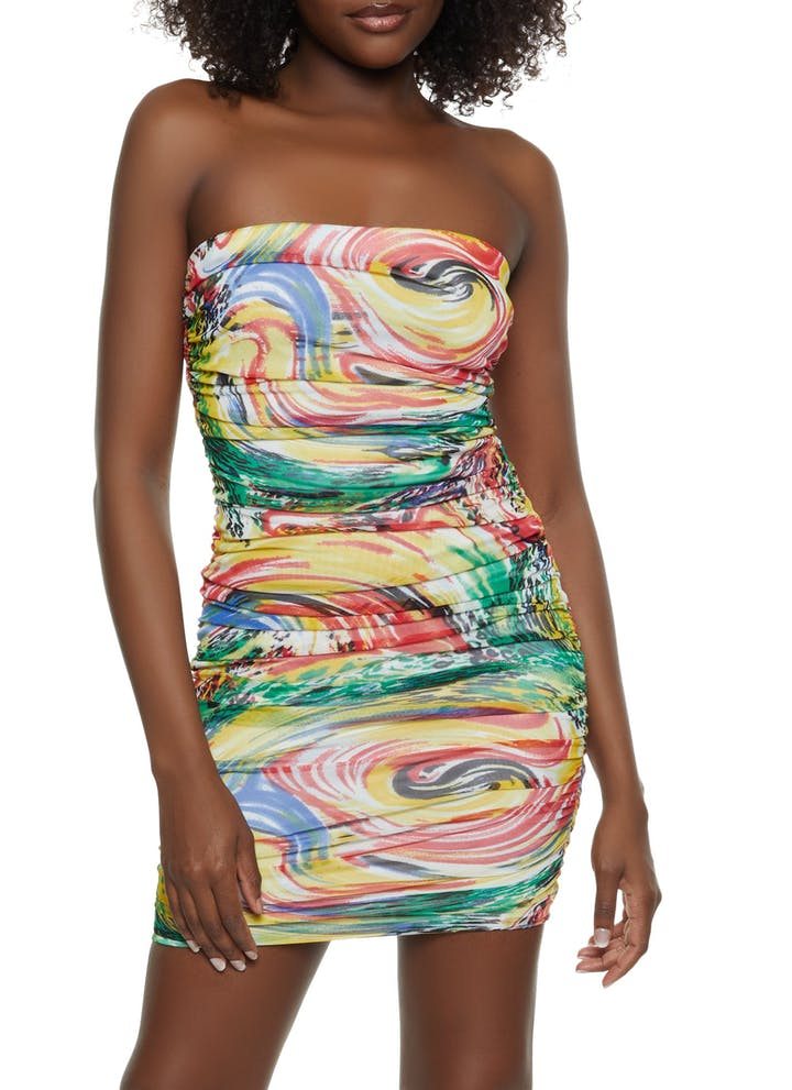 Swirl Print Ruched Tube Dress