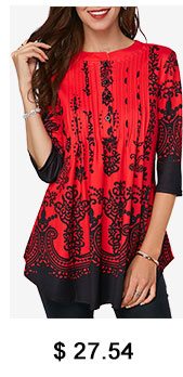 Three Quarter Sleeve Printed Curved Hem Blouse