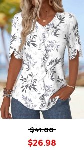 ROTITA Ruffle Leaf Print White V Neck Blouse