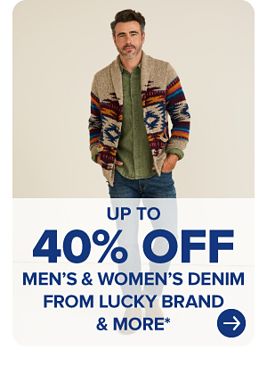 A man in an Aztec style cardigan. Up to 40% off men's and women's denim from Lucky Brand and more.