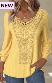 ROTITA Embroidery Yellow Round Neck Long Sleeve T Shirt