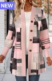 Light Pink Button Geometric Print Long Sleeve Coat