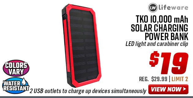 Lifeware TKO 10,000 mAh Solar Charging Power Bank