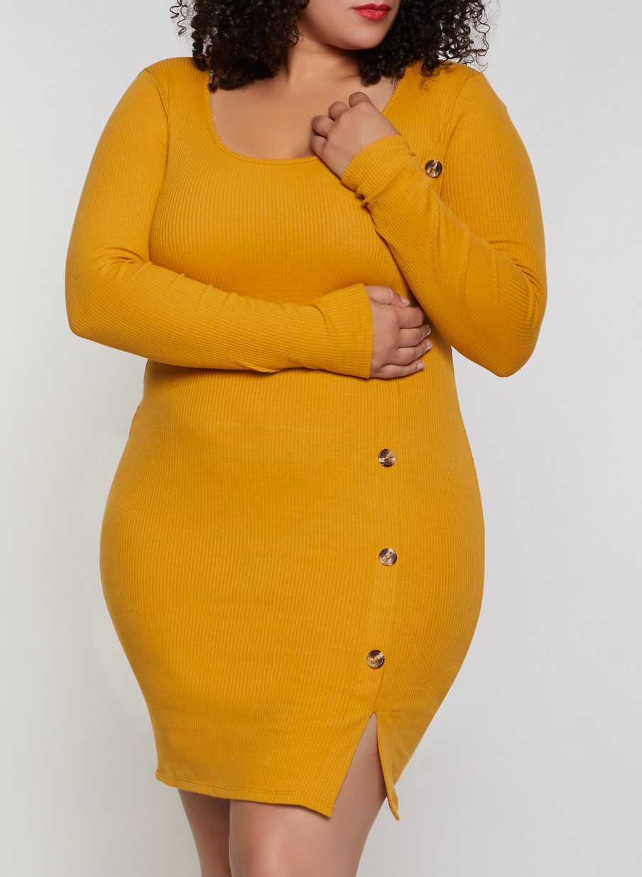 Plus Size Ribbed Button Detail Dress