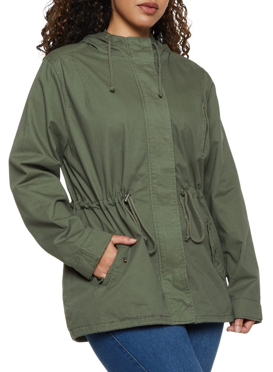 Plus Size Hooded Drawstring Waist Anorak Jacket