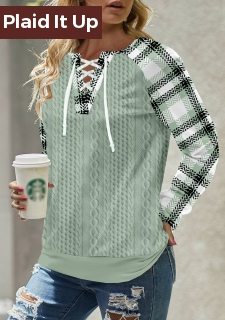 Sage Green Lace Up Plaid Long Sleeve Sweatshirt