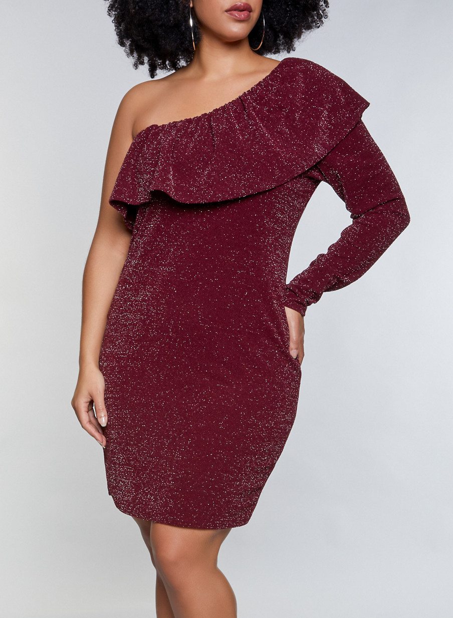 Plus Size One Shoulder Glitter Knit Dress