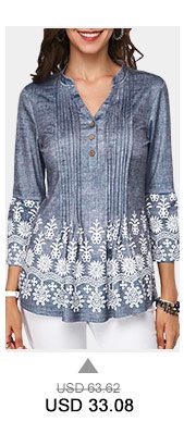 Split Neck Button Detail Printed Pleated Blouse