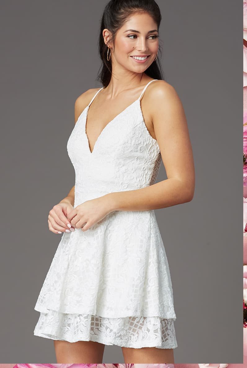 Short White Glitter Lace Graduation Dress