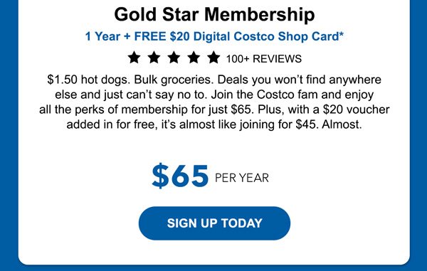 Costco 1-Year Gold Star Membership + $20 Digital Costco Shop Card