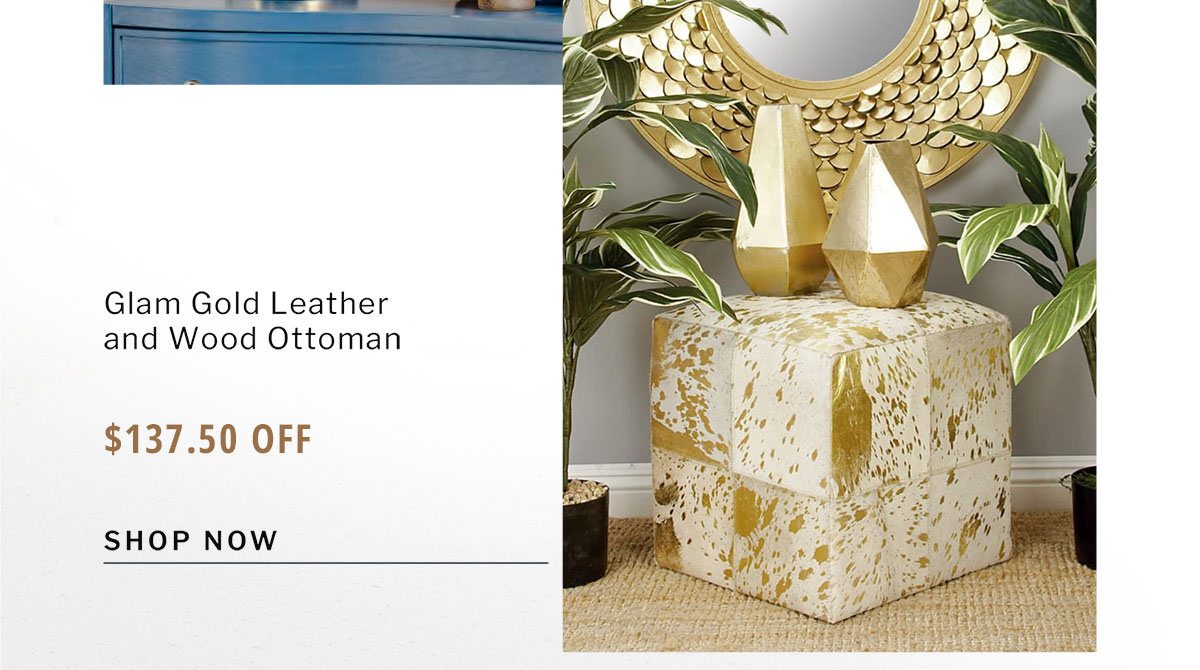 Glam Gold Leather and Wood Ottoman | SHOP NOW