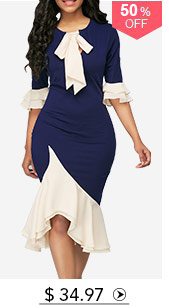 Tie Neck Frill Hem Flare Cuff Sheath Dress