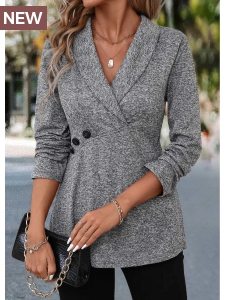 ROTITA Patchwork Grey Turn Down Collar Long Sleeve Blouse