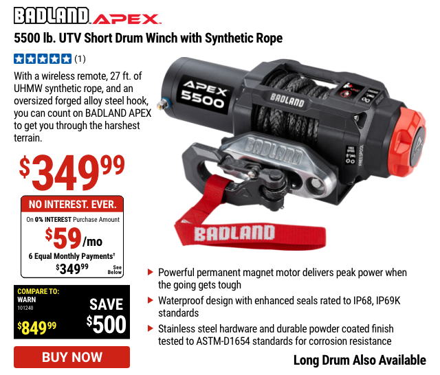 BADLAND APEX: 5500 Lb. UTV Short Drum Winch With Synthetic Rope