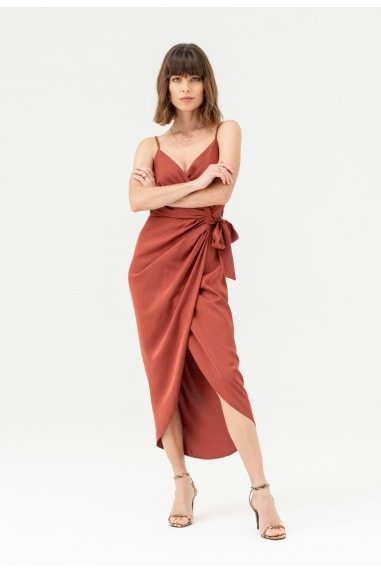 Tie Side Cami Wrap Dress in Rust