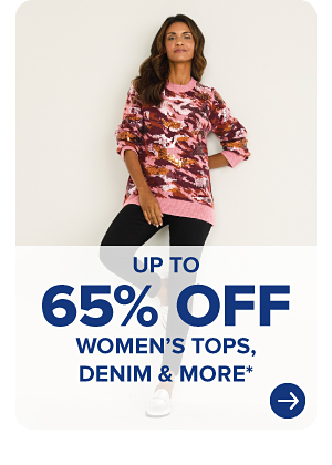 A woman in a pink top and black pants. Up to 65% off women's tops, denim and more.