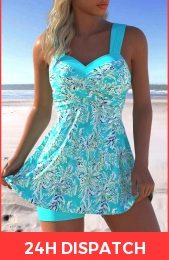 Surplice Leaf Print Cyan Swimdress and Shorts