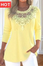 Light Yellow Patchwork Long Sleeve Round Neck T Shirt