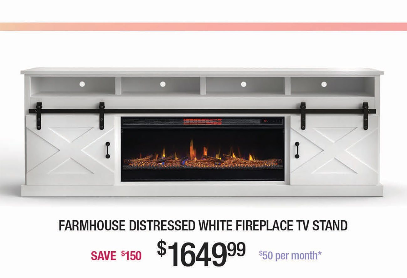 Farmhouse-Distressed-White-Fireplace-TV-Stand