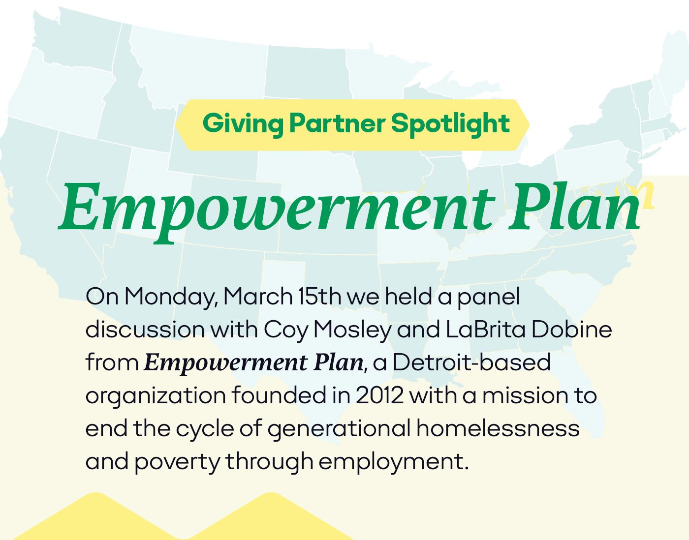 On Monday, March 15th we held a panel discussion with Coy Mosley and LaBrita Dobine from Empowerment Plan, a Detroit based organization founded in 2012 with a mission to end the cycle of generational homelessness and poverty through employment.